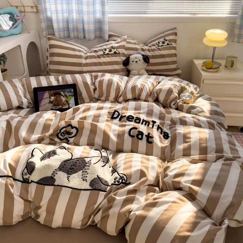 LD"Brown Stripe Bedding Comforter Set Pillowcase Bed Sheet Single Full Size Bed Linen Duvet Cover Set Queen/King Double Single Bed