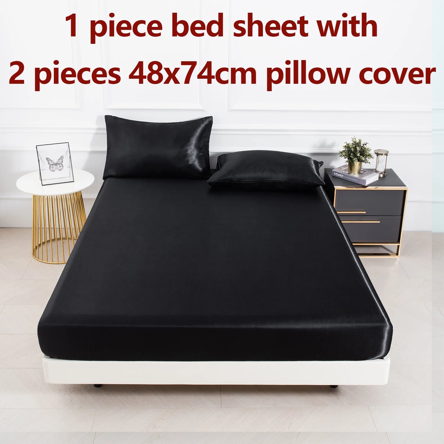 3Pc Solid Color Fitted Sheet Set 1 Bed Sheet with 2 Pillow Cover Satin Fabric Soft Comfortable Breathble Bedding Set for Bedroom