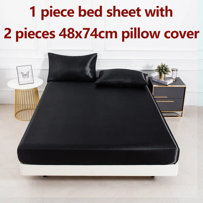 3Pc Solid Color Fitted Sheet Set 1 Bed Sheet with 2 Pillow Cover Satin Fabric Soft Comfortable Breathble Bedding Set for Bedroom