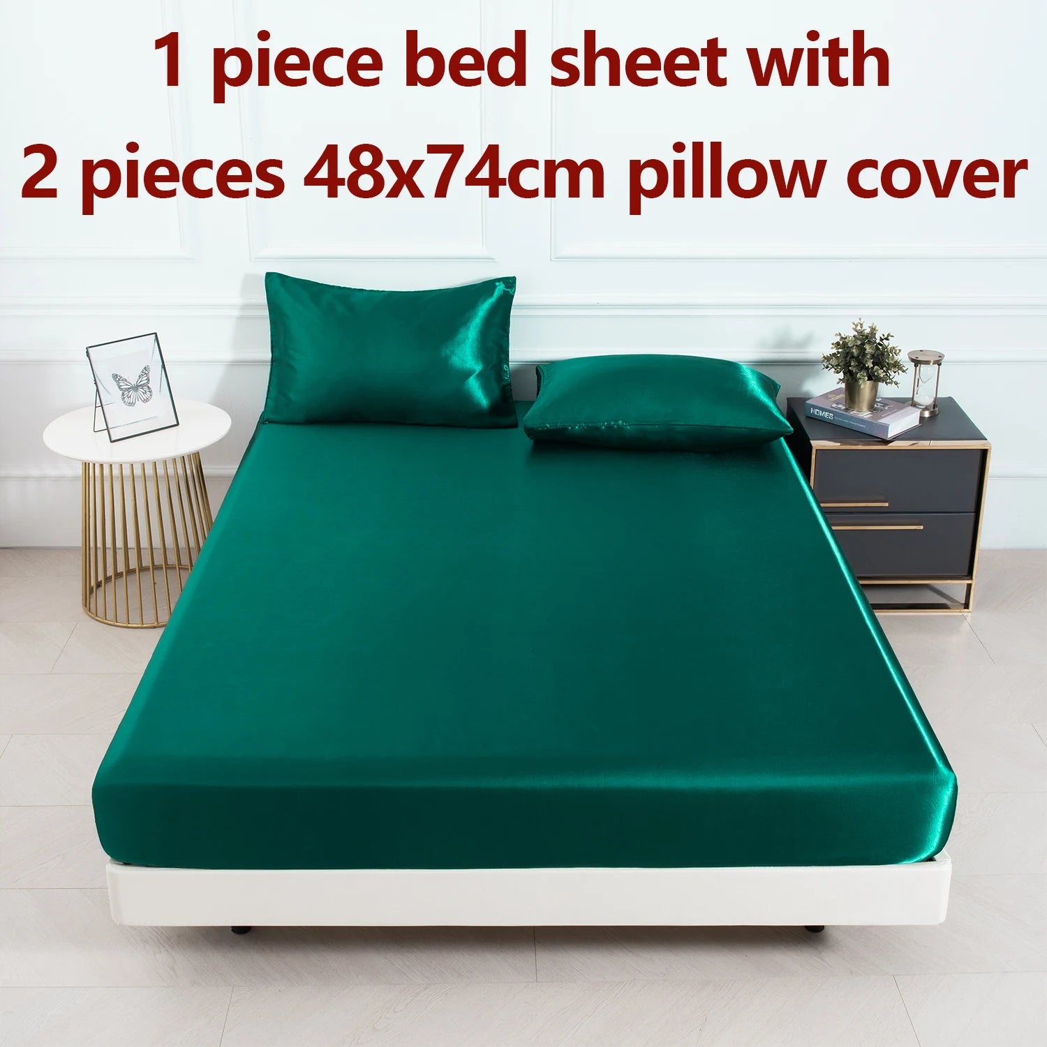 3Pc Solid Color Fitted Sheet Set 1 Bed Sheet with 2 Pillow Cover Satin Fabric Soft Comfortable Breathble Bedding Set for Bedroom