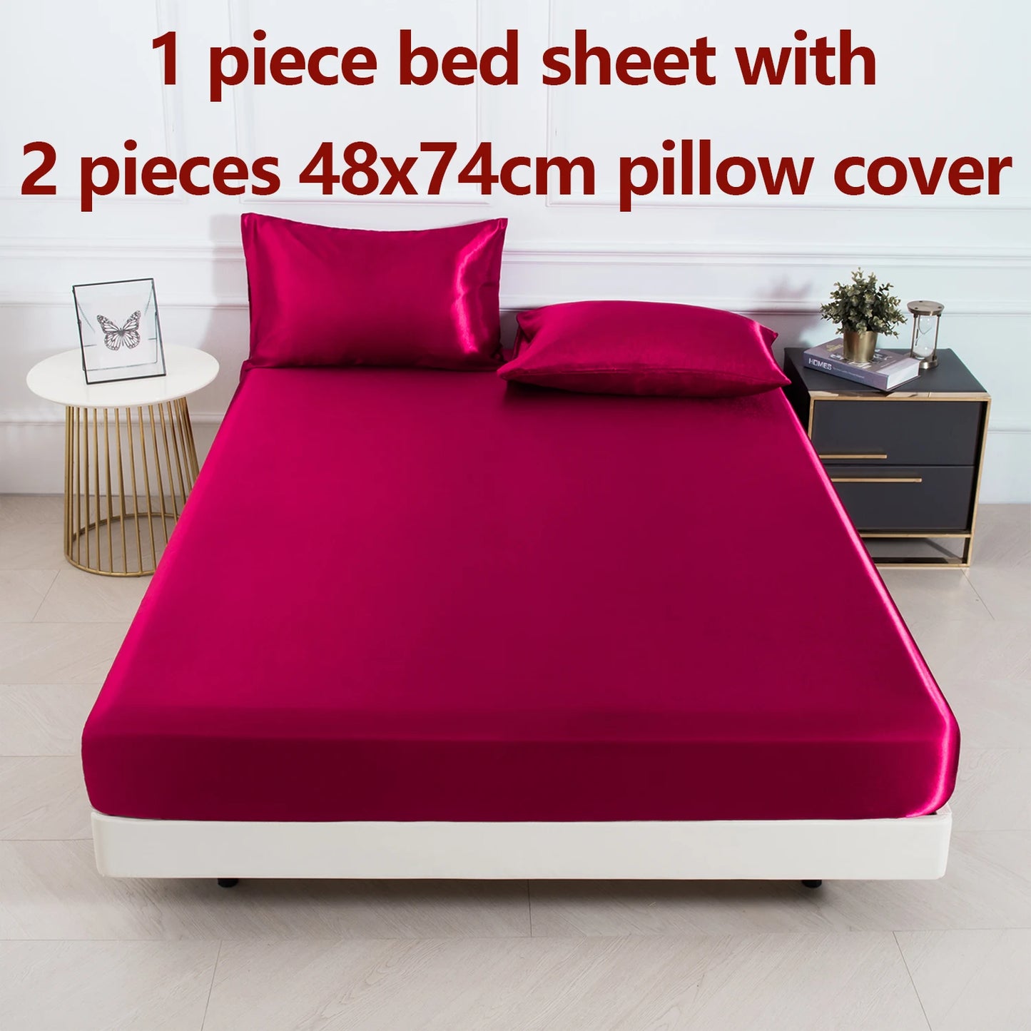 3Pc Solid Color Fitted Sheet Set 1 Bed Sheet with 2 Pillow Cover Satin Fabric Soft Comfortable Breathble Bedding Set for Bedroom