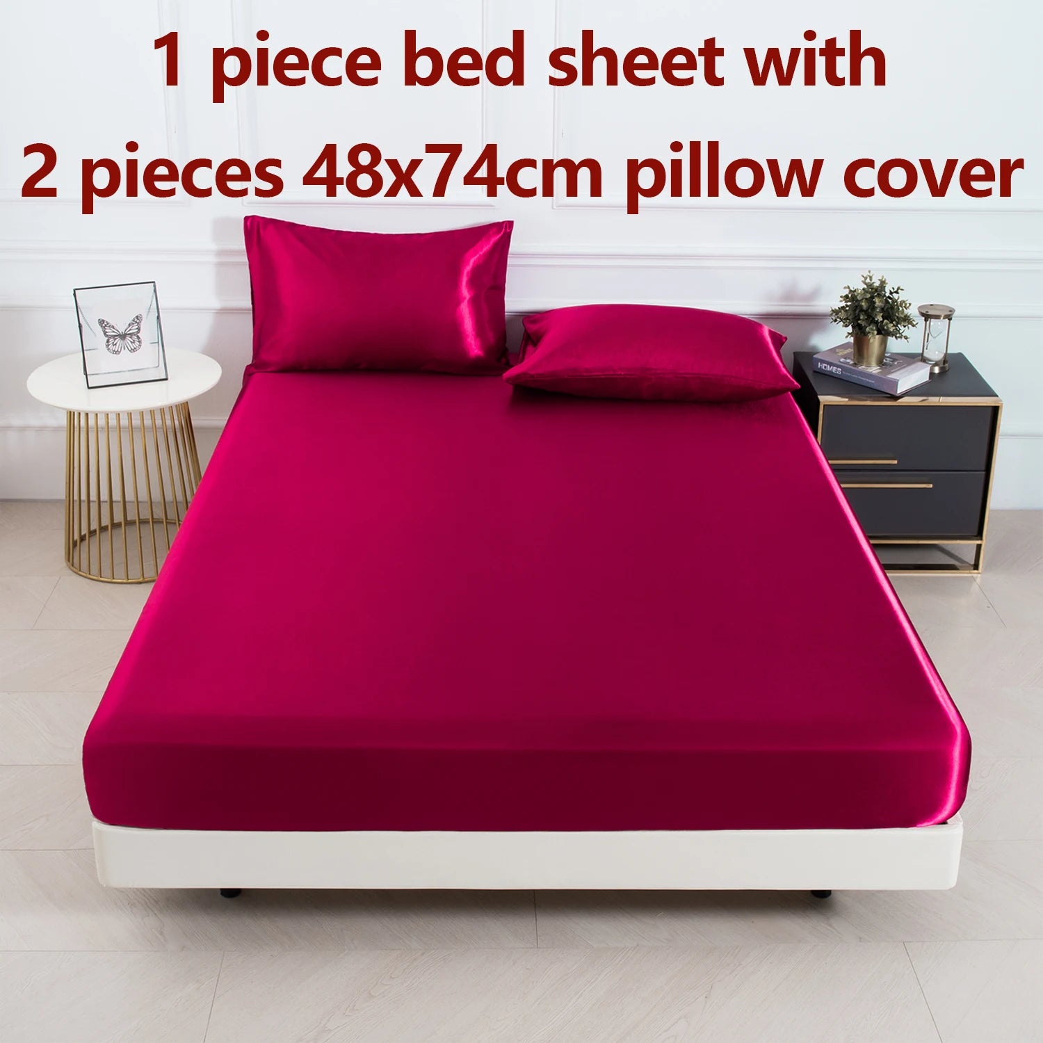 3Pc Solid Color Fitted Sheet Set 1 Bed Sheet with 2 Pillow Cover Satin Fabric Soft Comfortable Breathble Bedding Set for Bedroom