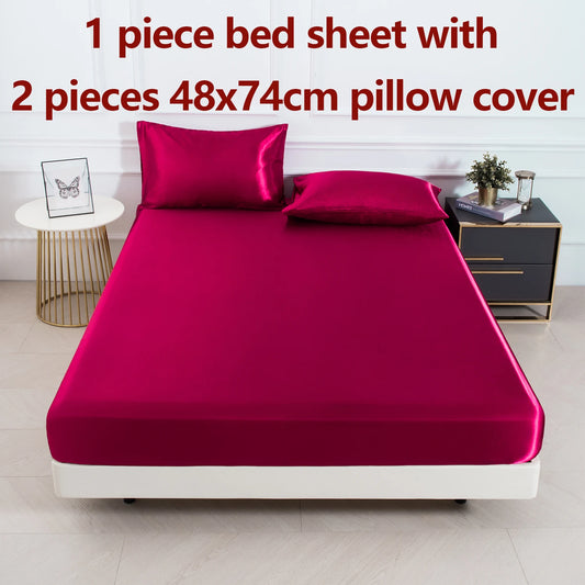 3Pc Solid Color Fitted Sheet Set 1 Bed Sheet with 2 Pillow Cover Satin Fabric Soft Comfortable Breathble Bedding Set for Bedroom