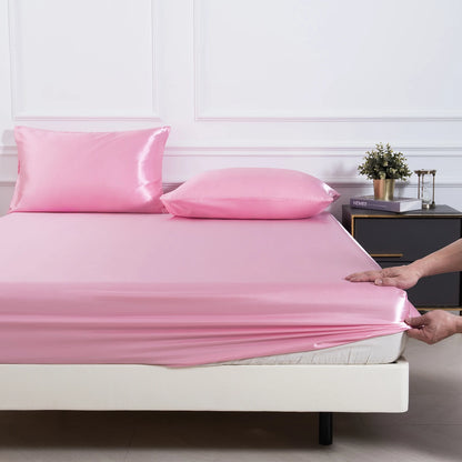 3Pc Solid Color Fitted Sheet Set 1 Bed Sheet with 2 Pillow Cover Satin Fabric Soft Comfortable Breathble Bedding Set for Bedroom