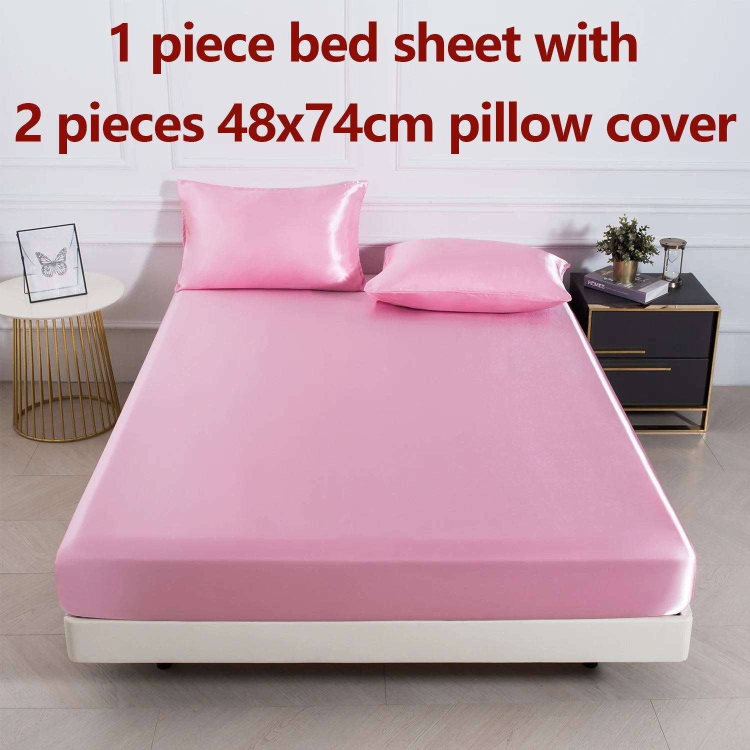 3Pc Solid Color Fitted Sheet Set 1 Bed Sheet with 2 Pillow Cover Satin Fabric Soft Comfortable Breathble Bedding Set for Bedroom