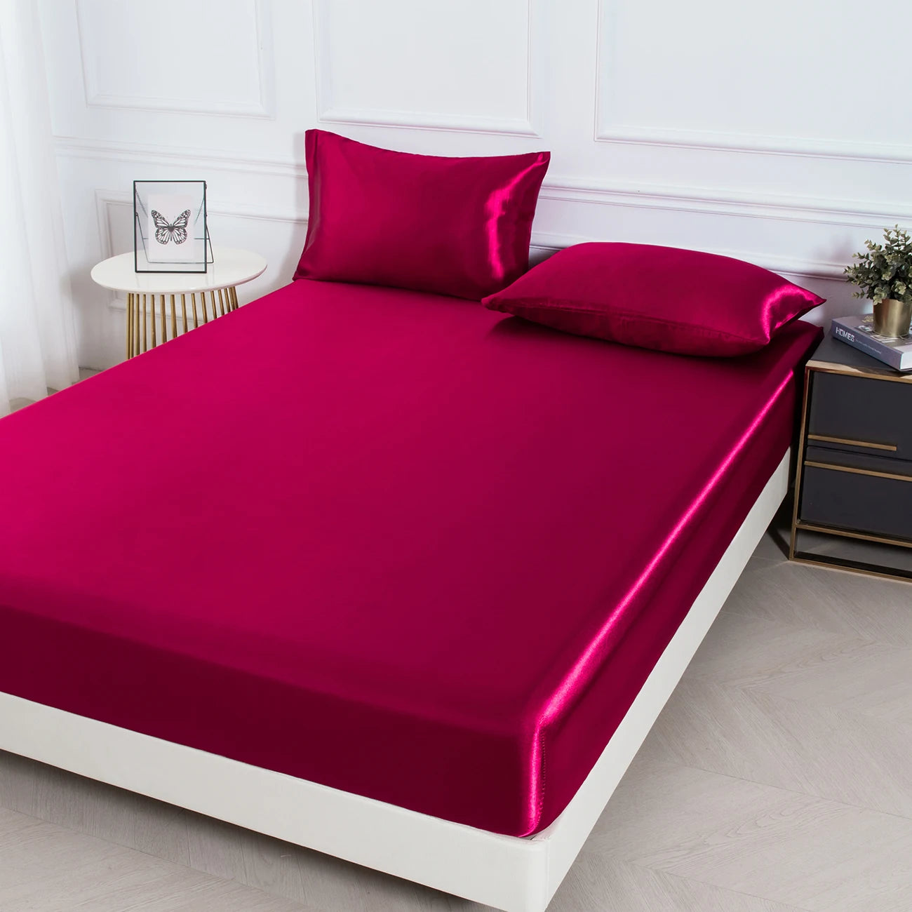 3Pc Solid Color Fitted Sheet Set 1 Bed Sheet with 2 Pillow Cover Satin Fabric Soft Comfortable Breathble Bedding Set for Bedroom