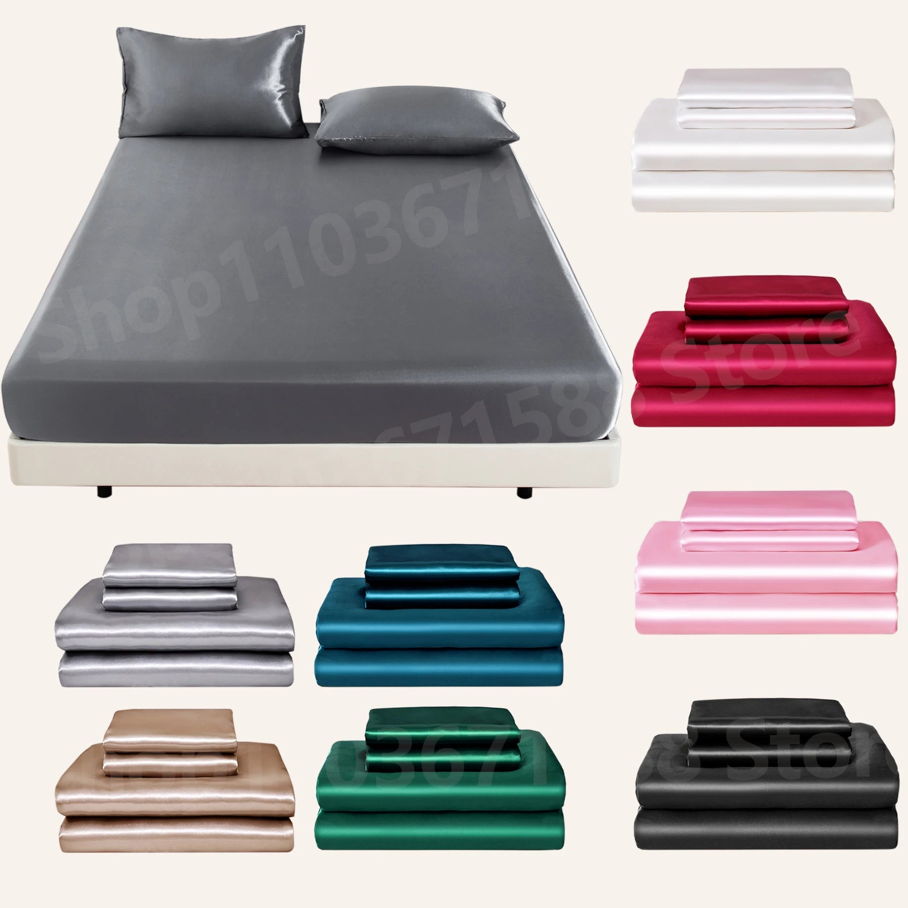 3Pc Solid Color Fitted Sheet Set 1 Bed Sheet with 2 Pillow Cover Satin Fabric Soft Comfortable Breathble Bedding Set for Bedroom