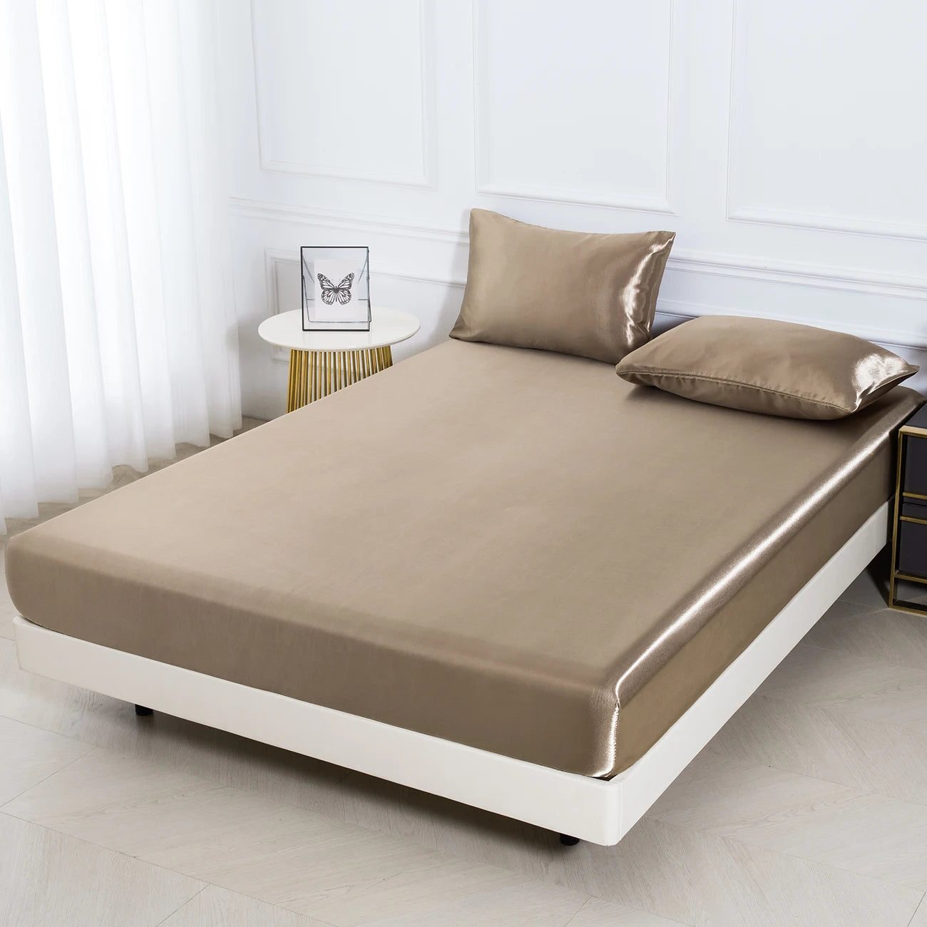 3Pc Solid Color Fitted Sheet Set 1 Bed Sheet with 2 Pillow Cover Satin Fabric Soft Comfortable Breathble Bedding Set for Bedroom