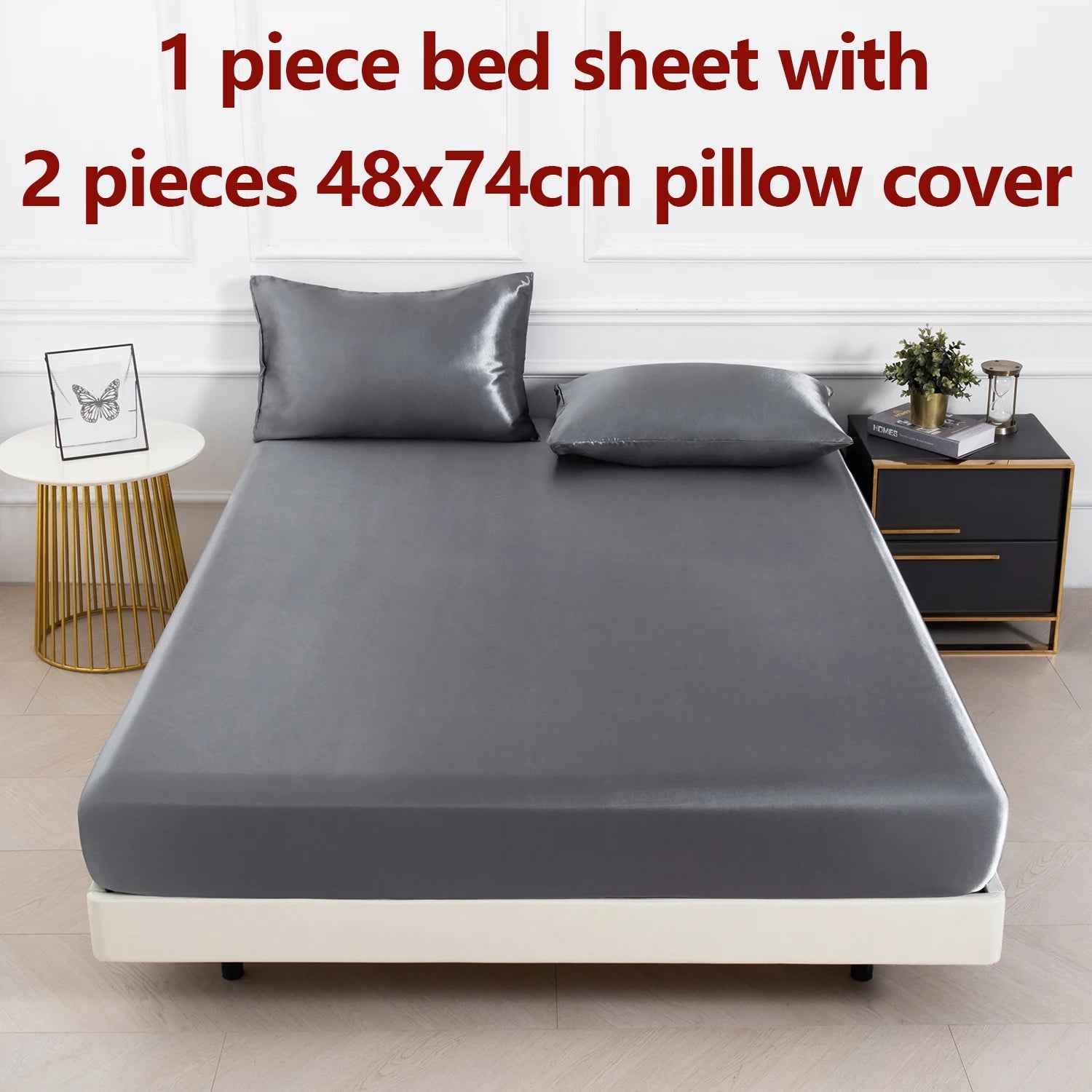 3Pc Solid Color Fitted Sheet Set 1 Bed Sheet with 2 Pillow Cover Satin Fabric Soft Comfortable Breathble Bedding Set for Bedroom