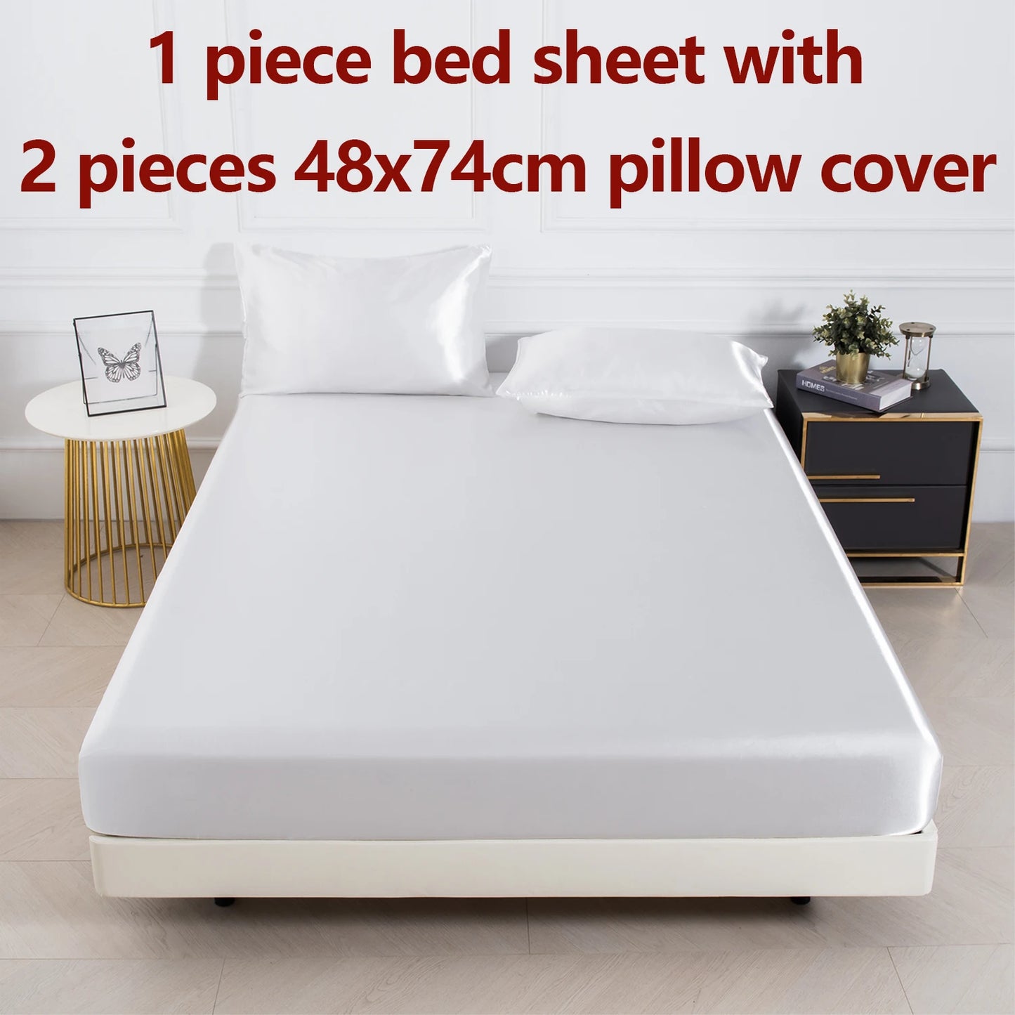 3Pc Solid Color Fitted Sheet Set 1 Bed Sheet with 2 Pillow Cover Satin Fabric Soft Comfortable Breathble Bedding Set for Bedroom