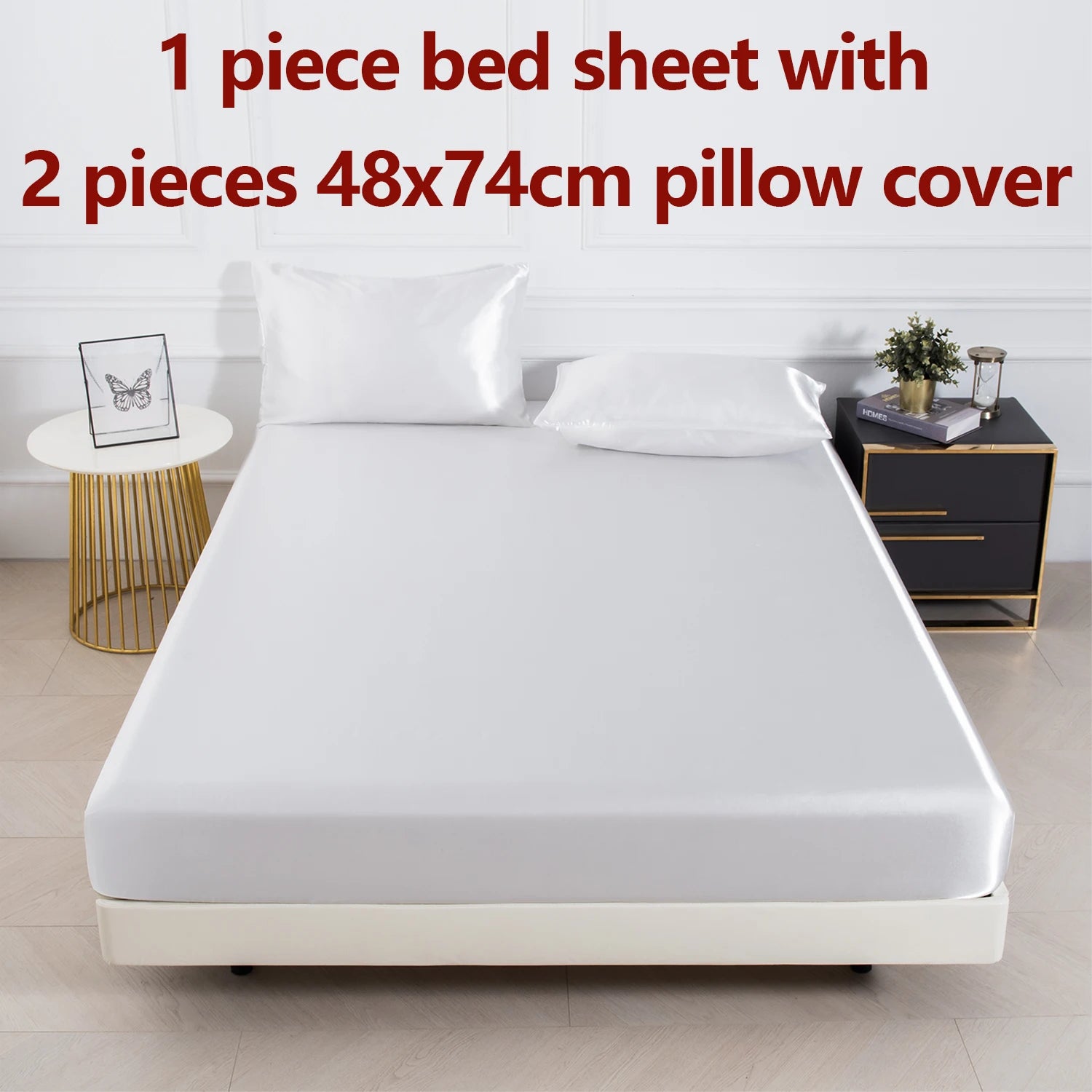 3Pc Solid Color Fitted Sheet Set 1 Bed Sheet with 2 Pillow Cover Satin Fabric Soft Comfortable Breathble Bedding Set for Bedroom