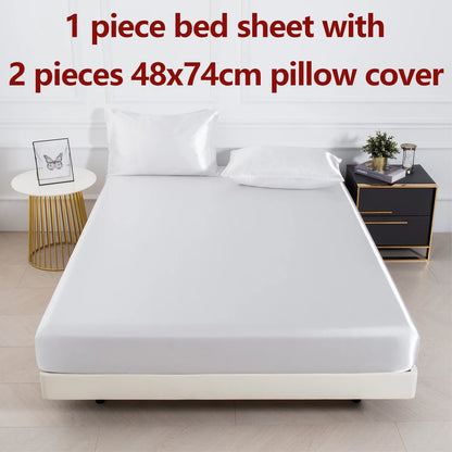 3Pc Solid Color Fitted Sheet Set 1 Bed Sheet with 2 Pillow Cover Satin Fabric Soft Comfortable Breathble Bedding Set for Bedroom