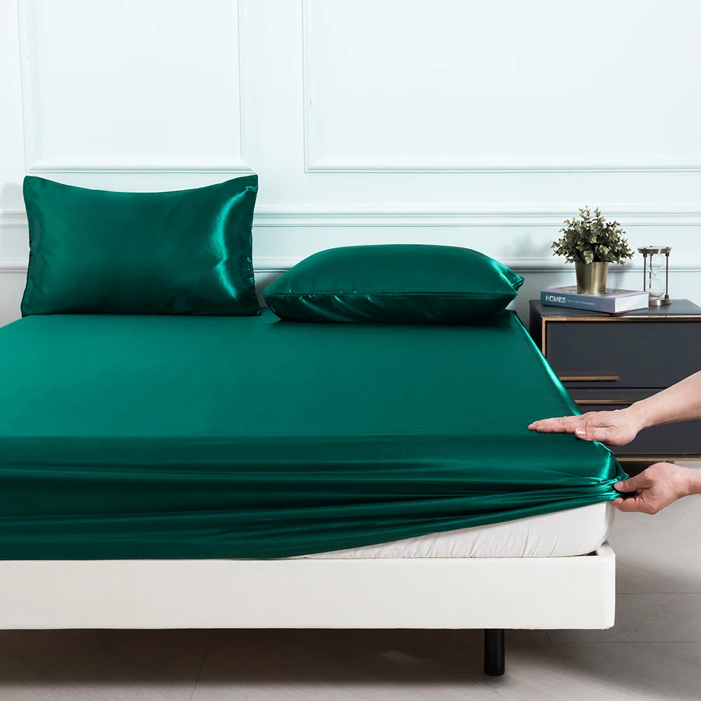 3Pc Solid Color Fitted Sheet Set 1 Bed Sheet with 2 Pillow Cover Satin Fabric Soft Comfortable Breathble Bedding Set for Bedroom