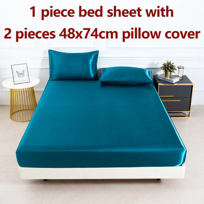 3Pc Solid Color Fitted Sheet Set 1 Bed Sheet with 2 Pillow Cover Satin Fabric Soft Comfortable Breathble Bedding Set for Bedroom
