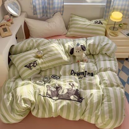 LD"Brown Stripe Bedding Comforter Set Pillowcase Bed Sheet Single Full Size Bed Linen Duvet Cover Set Queen/King Double Single Bed